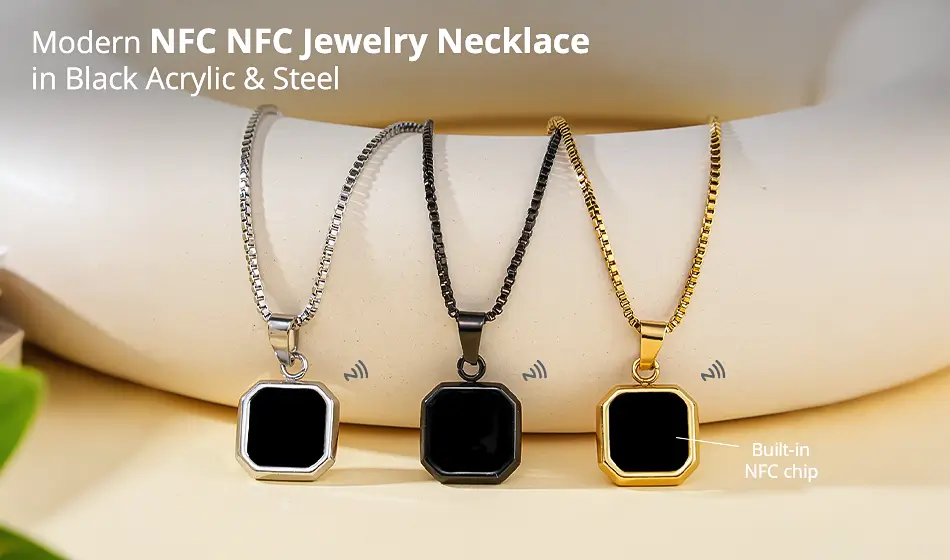 CXJ Modern NFC Jewelry Necklace in Black Acrylic & Steel CXJ Modern NFC Jewelry Necklace in Black Acrylic & Steel