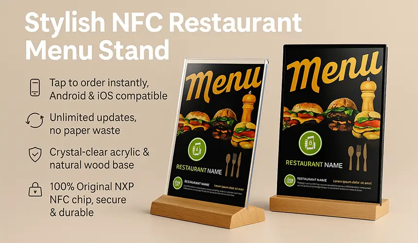 CXJ NFC Restaurant Menu Holder Acrylic Stand with Wood Base CXJ NFC Restaurant Menu Holder Acrylic Stand with Wood Base
