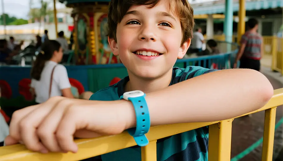 Child entering theme park using RFID silicone wristband Child entering theme park using RFID silicone wristband