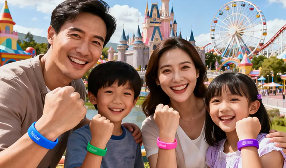 Family enjoying theme park wearing RFID wristbands Family enjoying theme park wearing RFID wristbands